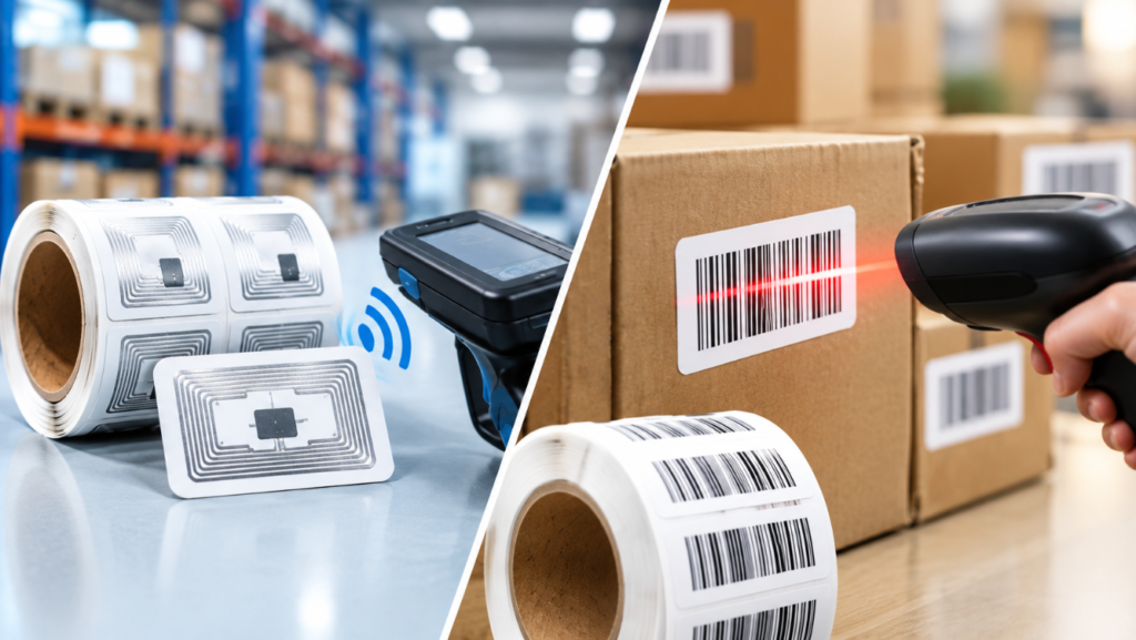 RFID vs Barcode Labels comparison showing key differences for product identification, tracking, and everyday business needs.