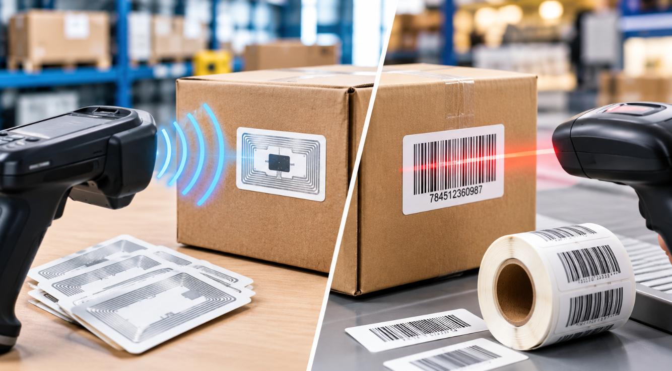 RFID vs Barcode Labels comparison showing key differences for product identification, tracking, and everyday business needs.